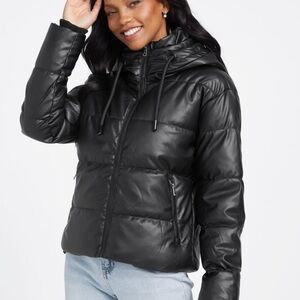 Guess Women's Glossy Black Hooded Puffer Jacket